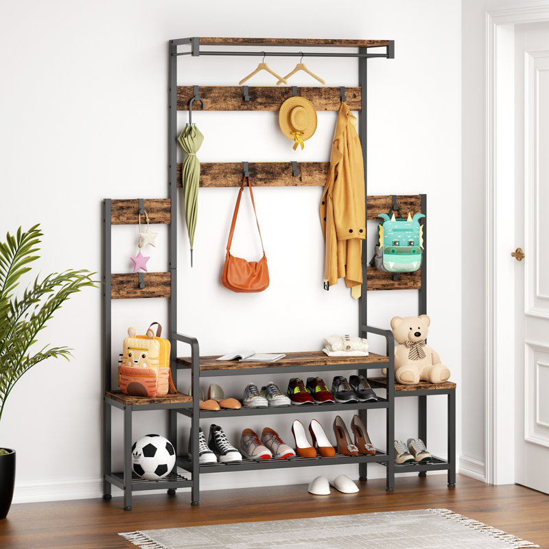Amandine 55.5" W Hall Tree with Bench and Shoe Storage, Brown