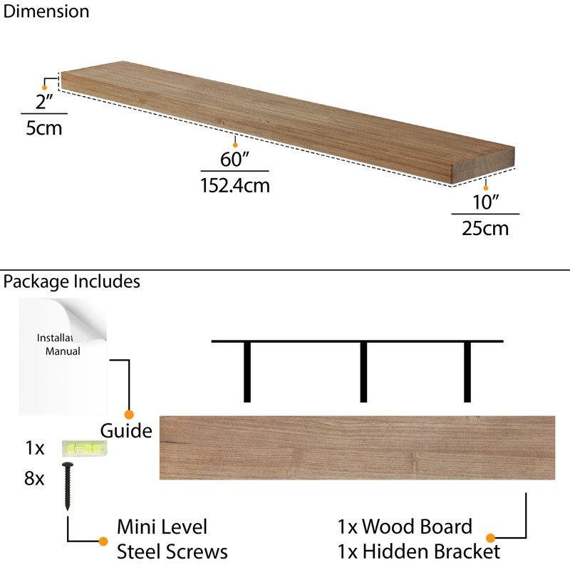 Hidden Bracket Shelf, Wall Bookshelf For Living Room, Kitchen Shelf, Rustic Decor, Floating, 1Pc, Special Walnut