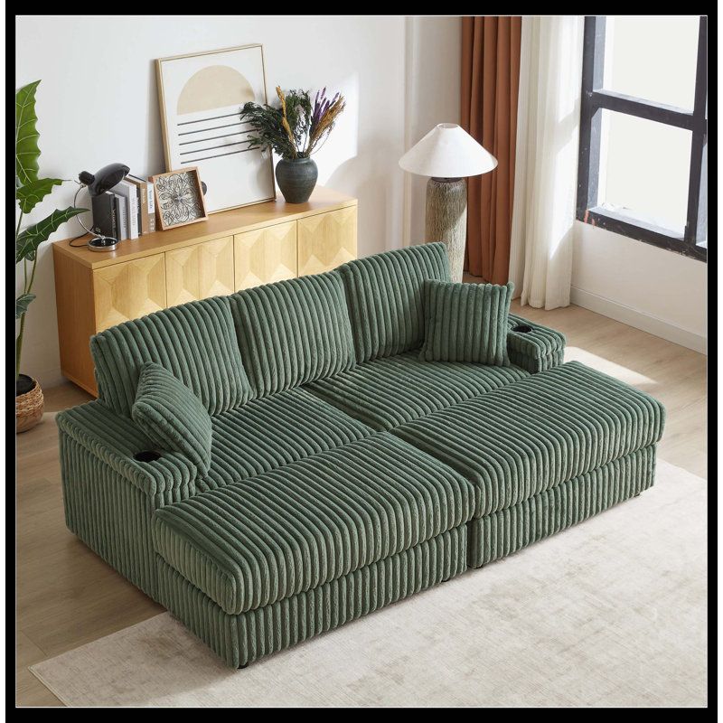 Canapé de 84 pouces en velours côtelé 3 places avec 3 coussins de dossier, 2 coussins décoratifs, 2 repose-pieds, 2 espaces de rangement et cannelures de maintien des tasses Canapé confortable pour le salon