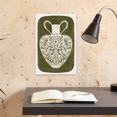 Greek Vase Olive Green Illustration Minimalist Mystical Abstract Landscape Nature Wall Art Print 1 Piece Wrapped Canvas Wall Art