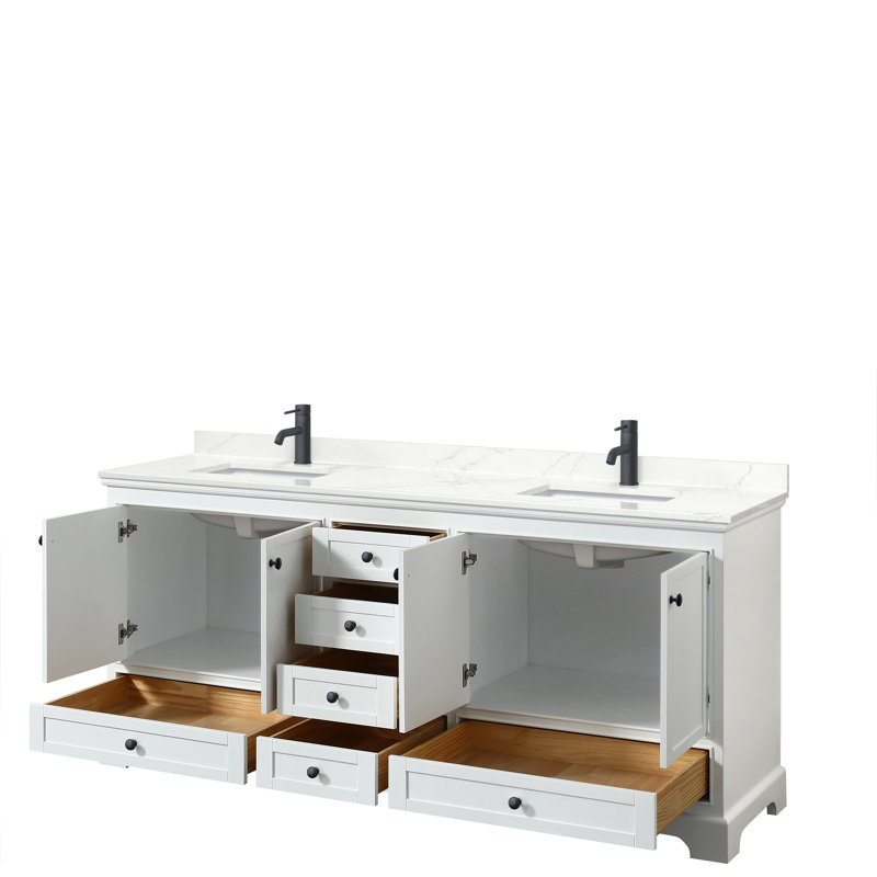 Ensemble de meuble-lavabo double autoportant 72 po avec plateau en quartz Deborah, Quartz Giotto, Gris foncé, Noir mat