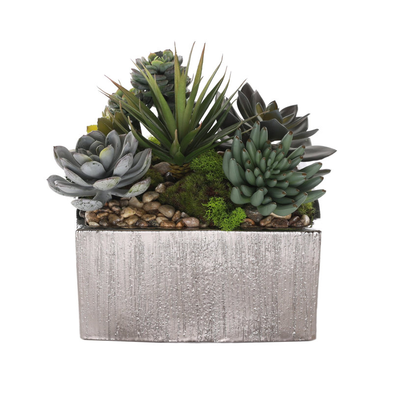 Faux Succulent in Square Etched Pot, Silver