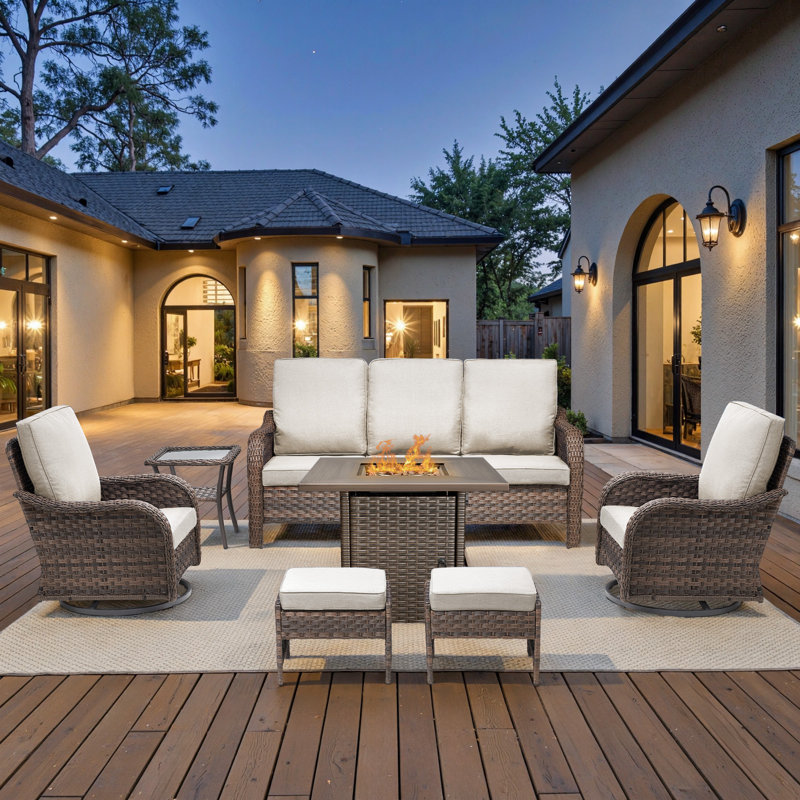 Gustave Wicker Patio Furniture Sofa Set With 55000 BTU Fire Pit Table, 360° Swivel Chairs, Beige