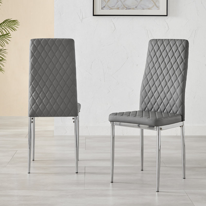 Eubanks Faux Leather Modern Tall Back Dining Chairs with Metal Legs & Diamond Stitching, Grey, Silver, 4