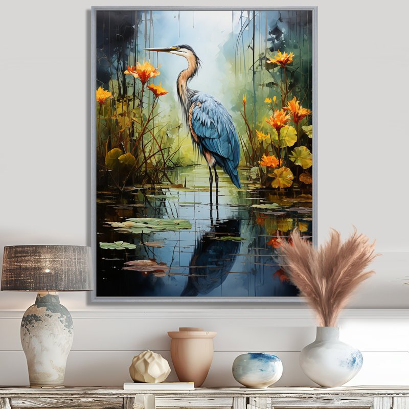 Décoration murale Lason Heron Silent Waters Pointillism I - Heron, H 32 po x l 16 po x P 1 po, Encadrement argenté
