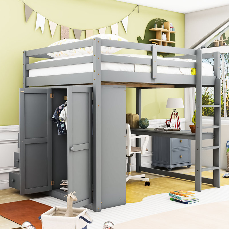 Lit mezzanine double en bois avec bureau intégré, tablettes de rangement, tiroirs et garde-robe, Gris