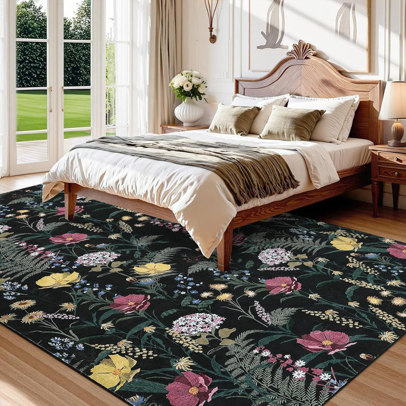 Washable 8x10 Area Rug with Non-Slip Backing, Low Pile Modern Floral Print Carpet for Living Room, Bedroom & Home Office