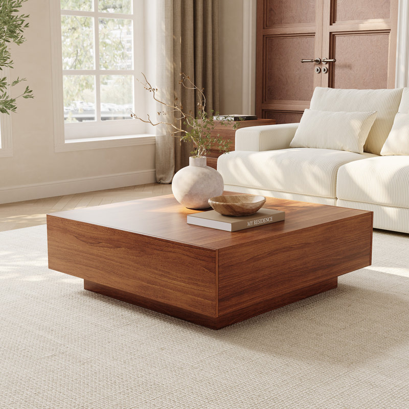  Fully Assembled 2-Drawer Square Coffee Table, Brown, 13.78" H x 35.43" L x 35.43" W