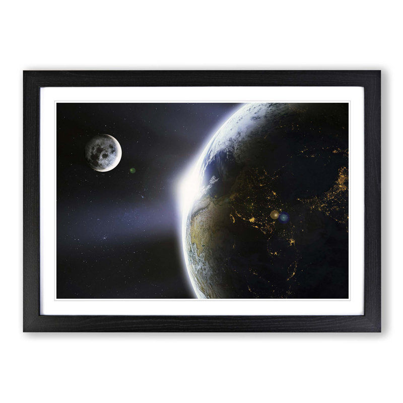 The Moon and Planet Earth - Picture Frame Photograph Print on MDF, 27cm H x 36cm W x 2cm D, Black Framed