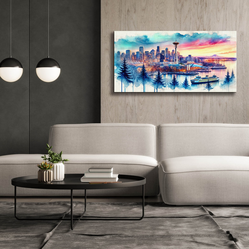 «Seattle Watercolor Panorama» par Rey Klimt, art mural sur toile, H 30 po x l 60 po