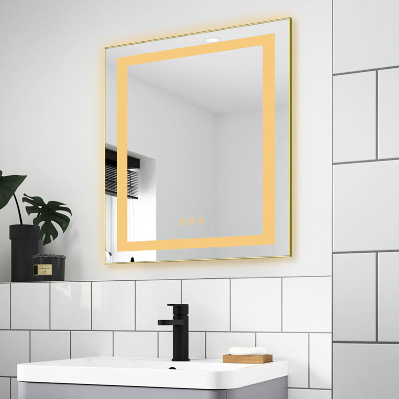 Miroir de meuble-lavabo avant et rétroéclairé à cadre en aluminium, antibuée / gradation continue / 3 couleurs réglables