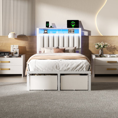 Upholstered Bed Frame with 2 Storage Drawers, Modern Twin Platform Bed with Charging Station & LED Light, No Spring Box Needed