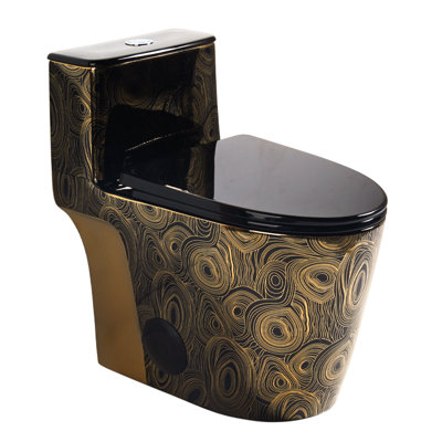 Toilette une pièce à hauteur de fauteuil noire et dorée Los Flexi 17,3 po, cuvette de toilette allongée à tourbillon 1,0 / 1,28 GPF avec motif tourbillon doré artistique, conception brute à jupe de 12 po