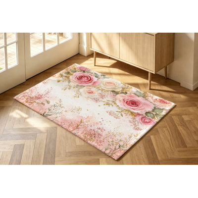 Tapis à motif floral aquarelle rose, motif botanique fleur rose rosé, moelleux, tapis décoratif antidérapant lavable à la machine, décoration intérieure artistique pour salon, chambre à coucher, couloir, dortoir, appartement