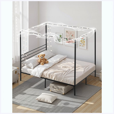 Queen Metal Canopy Bed with Four Poster Design & Underbed Storage, Black