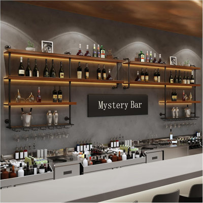 102in Large Wine Rack with LED Light, 4 Tiers Solid Wood Wall Mounted Wine Rack, Industrial Liquor Bottles Floating Shelves with Glass Holder for Home Bar/Dining Room (102.2in/260cm)