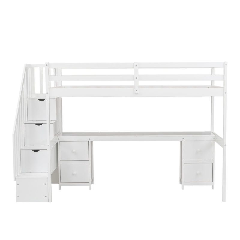 Structure de lit mezzanine avec bureau intégré et tiroirs de rangement doubles, Blanc