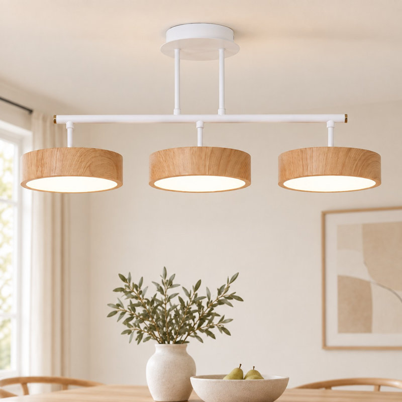 3-Light Modern Linear Integrated LED Pendant Light With Wood-Look Frame