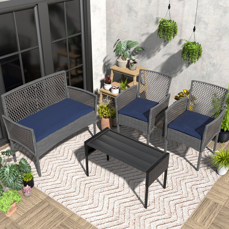 4-Piece Outdoor Wicker Patio Furniture Set Rattan Conversation Group With Cushions, Coffee Table For Porch, Garden, Poolside & Backyard