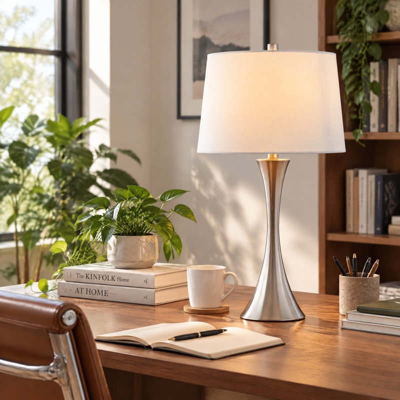 Lampe de table contemporaine en métal, Nickel brossé