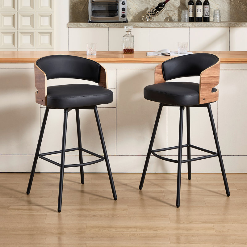 Swivel Faux Leather Counter Stool with Bentwood Backrest, Black