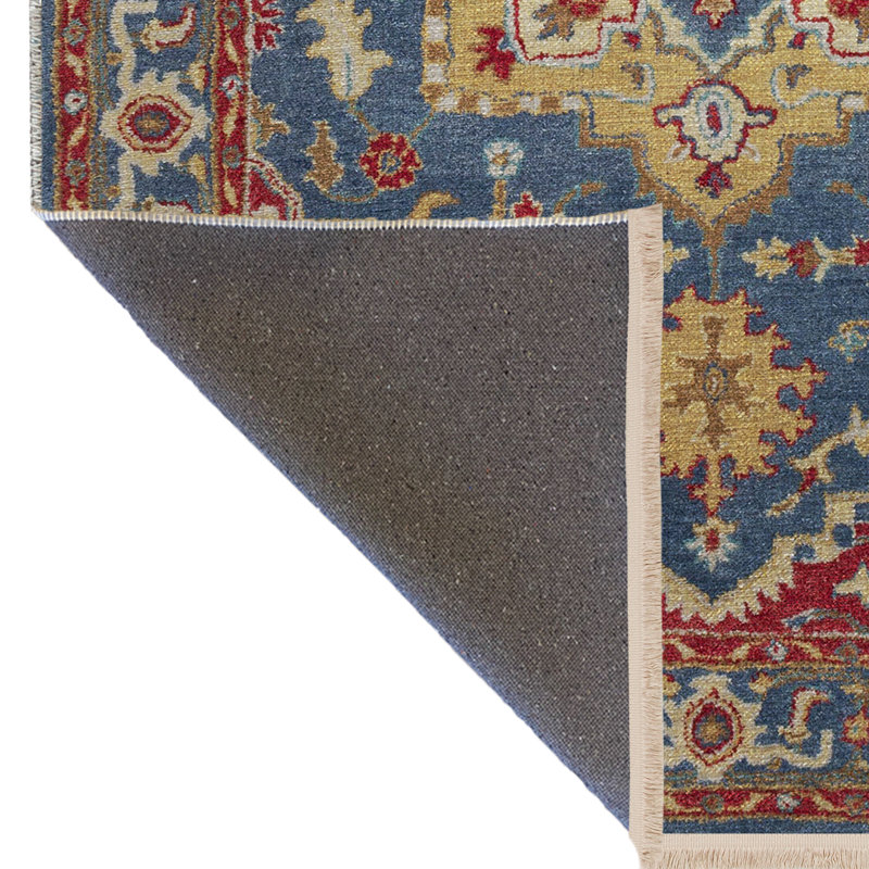 Tapis bleu / jaune à motifs traditionnels, Tapis de couloir 3 pi 3 po x 9 pi 10 po