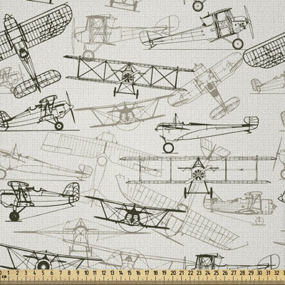 Tissu avion de la cour, motif rétro de style dessiné à la main de transport à l'ancienne, tissu en microfibre pour textiles et décors artisanaux, 1 verge, vert olive brun clair