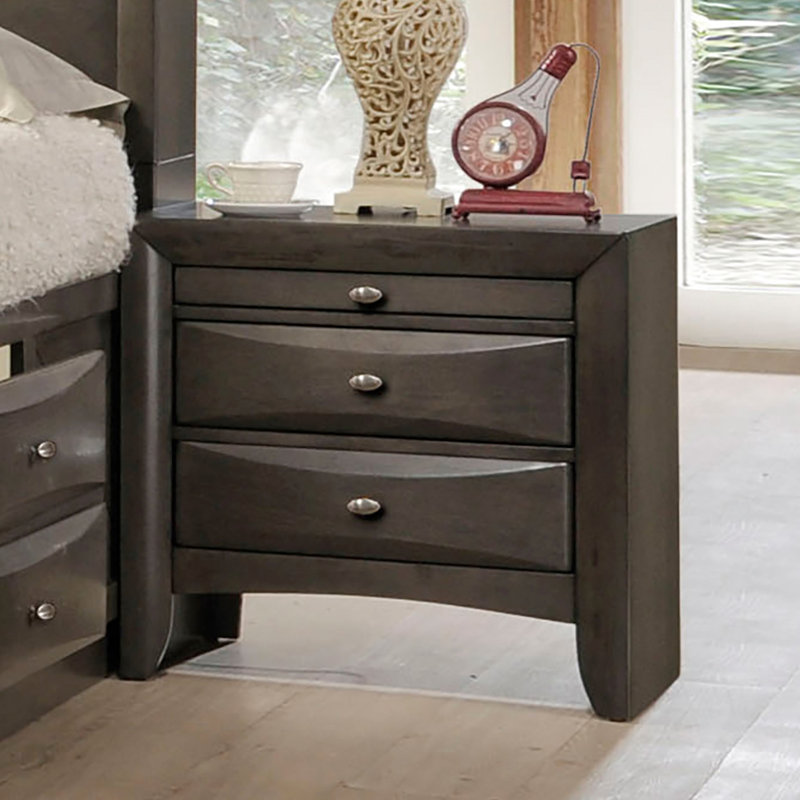 Armoire de chevet simple contemporaine 1 pièce grise, modèle à 2 tiroirs, fabrication en bois massif, ovale en nickel, plateau coulissant, article de décoration pour chambre à coucher