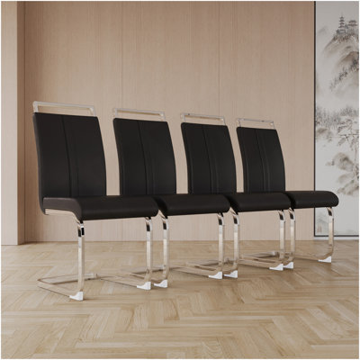 Modern Dining Chairs,PU Faux Leather High Back Upholstered Side Chair With C-Shaped Tube Plating Metal Legs For Dining Room Kitchen Vanity Patio Club Guest Office Chair (Set Of 4) (Black+PU Leather)