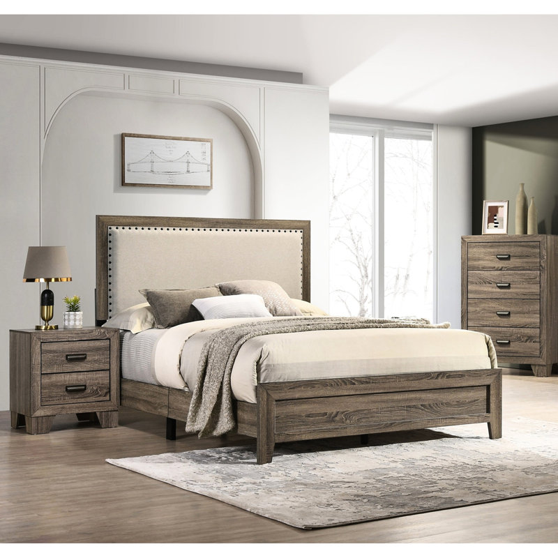 Lit tête de lit simple tapissier gris, placage de bois stable et lit 1pc avec structure en cristal et revêtement en tissu, chambre