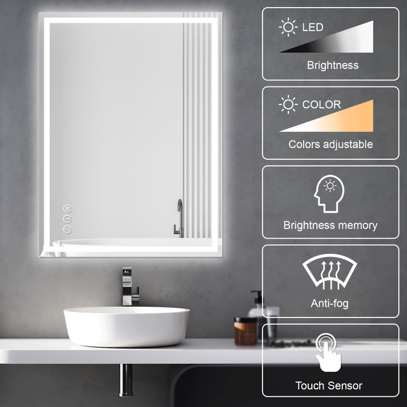 LED Bathroom Mirror With Backlit And Front Light, Memory Function, Anti-Fog, 3 Color Temperatures & Dimmable Light, Rectangle