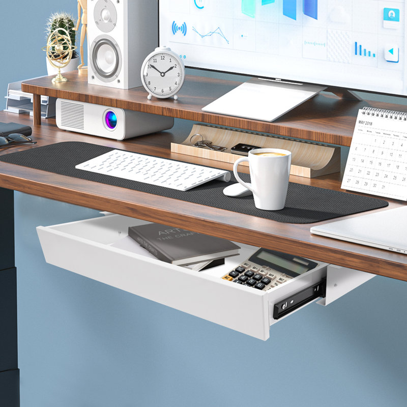 Under Desk Mounted Sliding Pull-Out Drawer Storage Organizer, White