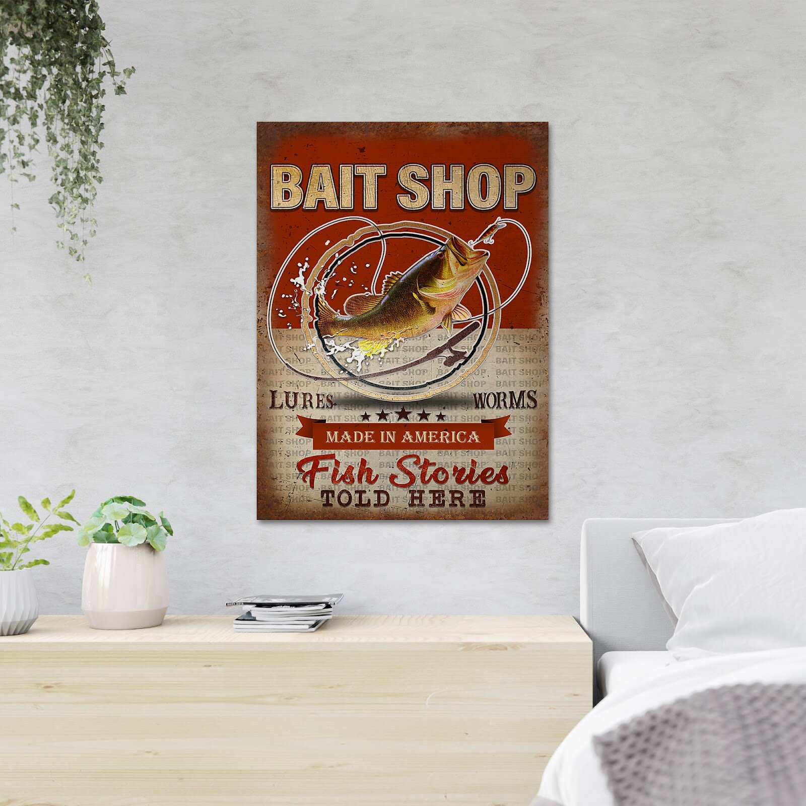 Big Fish Eating Small Fish - Bait Shop Made in America Fish Stories Told Here - 1 Piece Rectangle Graphic Art Print On Wrapped Canvas Trinx Size: 36