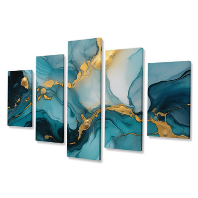 Turquoise doré infusé marbre II - Fractals Wall Art Living Room - 5 panneaux