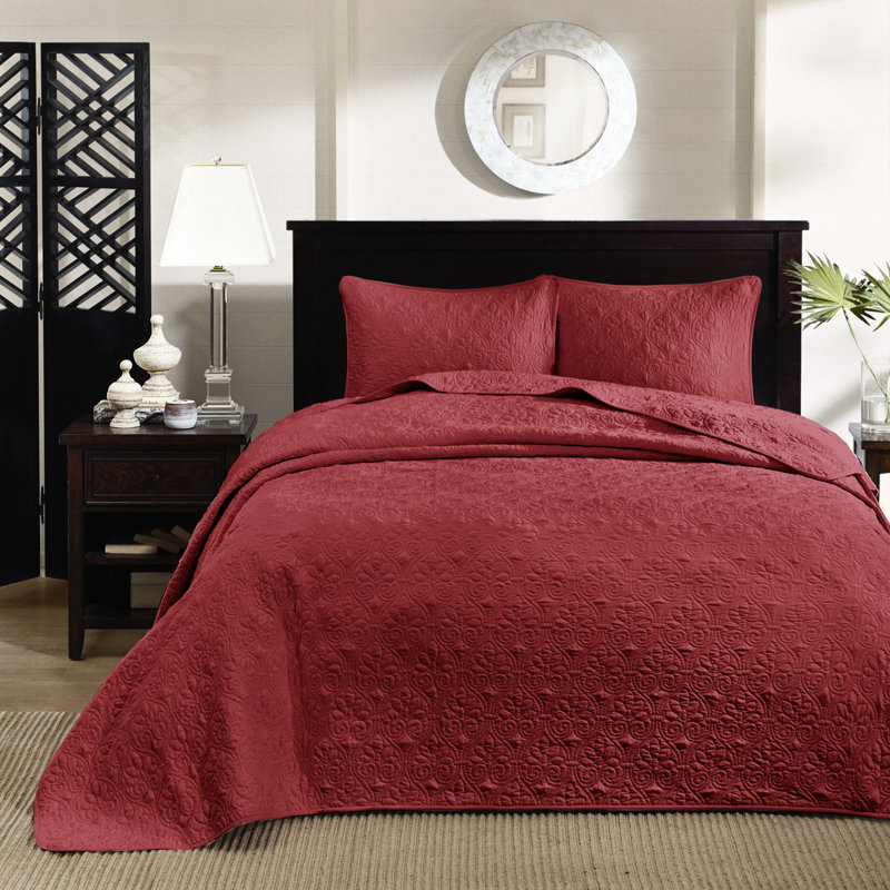 Couvre-lit réversible en rouge grand - Matelassage d'attraction pré-lavé en coton pré-lavé surdimensionné pour un ajustement parfait et 2 taies décoratives lavables en toute simplicité