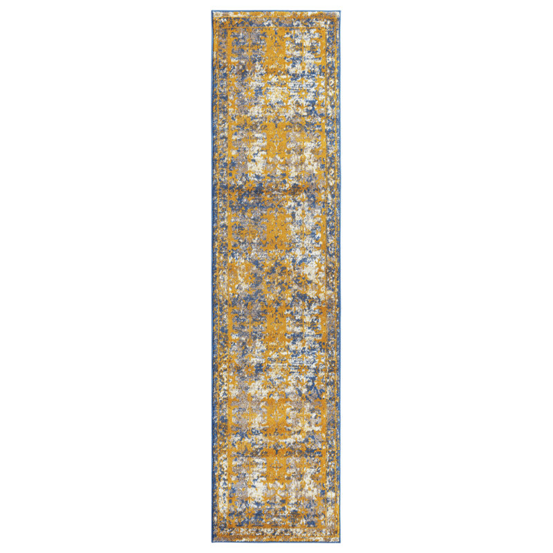 Tapis oriental jaune / bleu Penton, Rectangle 2 pi 6 po x 10 pi 3 po