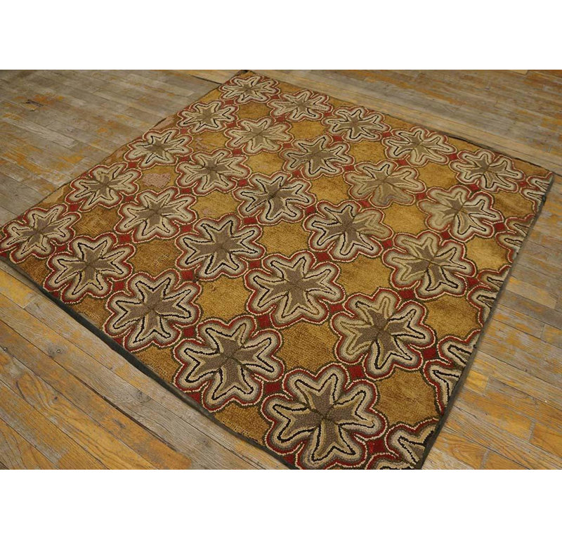 1900s Multicolor Star Folk Art American Hooked Rug 4'6"x4'8" Jute Loop Carpet