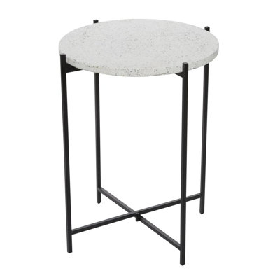 Breyannah Terrazzo Stone Side End White Accent Table with Black Metal X-Stand