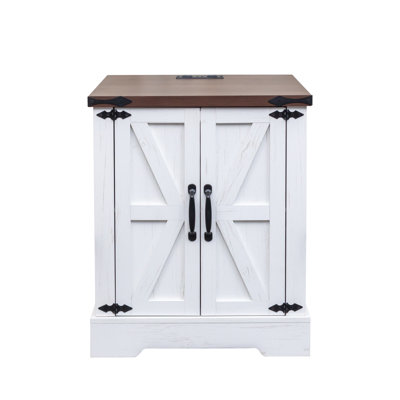 Farmhouse End Table with Charging Station & Adjustable Shelf – Rustic Walnut Nightstand with Barn Doors for Bedroom & Living Room, White
