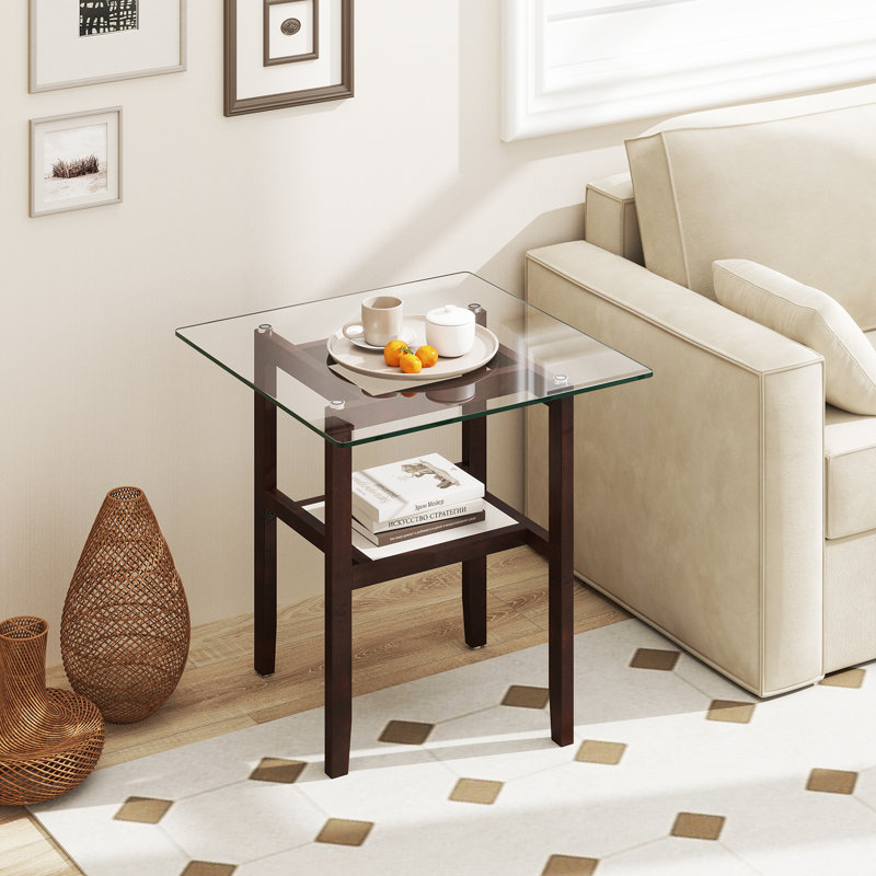Table d'appoint 24 po carrée en verre avec tablette de rangement et structure en bois d'hévéa pour le salon