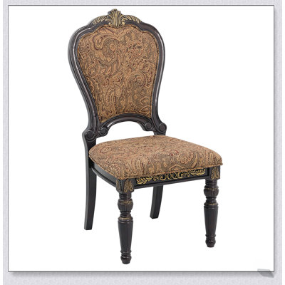 Traditional Formal Side Chairs Set of 2, Cherry Finish with Gold Tipping and Jacquard Fabric Upholstery for Luxury Dining