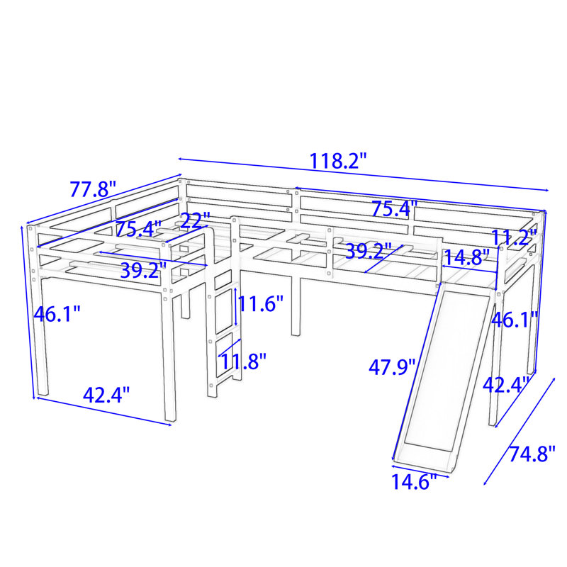 Lit mezzanine simple en forme de L Esteri, lit mezzanine en bois avec glissade, gris