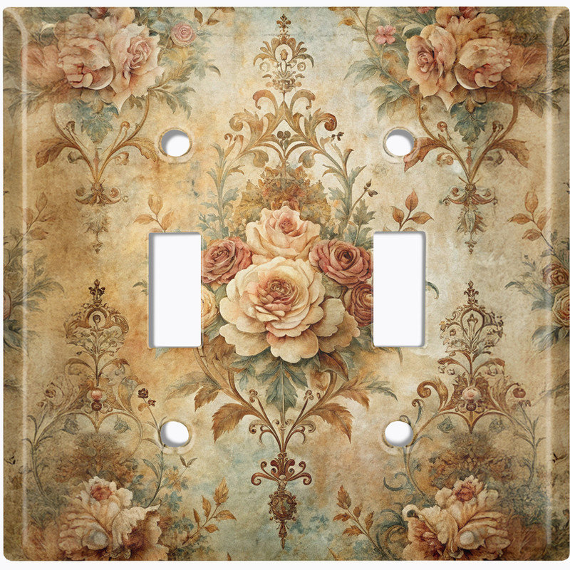 Metal Light Switch Plate Cover; US Standard Size - Damask Floral Bouquet, #2 Double Toggle