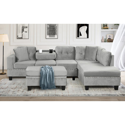 Canapé modulaire de 105 po avec repose-pieds avec rangement, canapé en L avec 2 coussins et porte-gobelets, canapé modulaire avec méridienne réversible pour le salon