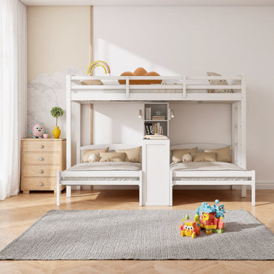 Lit superposé avec bureau intégré et tablettes de rangement, 3 lits en 1 avec lampe de lecture