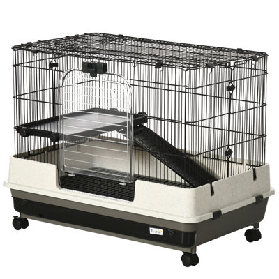 26" Small Animal Cage with Wheels, 2-Level Portable Bunny Cage, Chinchilla Ferret Cage with Removable Tray