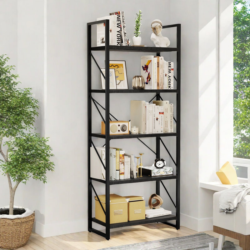 62'' H 5-Tier Etagere Bookcase With Metal Frame, Black