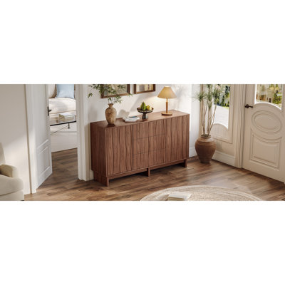 Buffet 59,1 po avec 2 portes et 3 tiroirs, finition noyer avec texture grain de rayure, armoire de rangement de style campagnard pour le couloir du salon de la salle à manger, mobilier d'appoint pour grand espace, assemblage facile