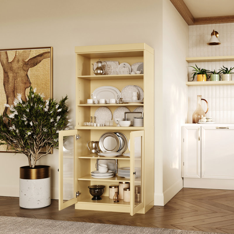 Kaniesha 100% Solid Wood 32" Pantry Cabinet with Clear Glass Doors and Adjustable Shelves, Yellow