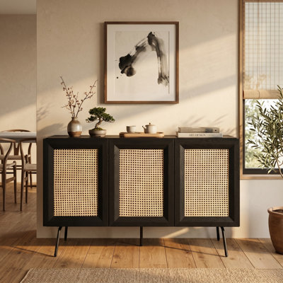 NTC MOSSIC Sideboard 3 Doors Natural Rattan Storage Cabinet, Buffet with Metal Legs, Boho Accent Cabinet for Living Room, Dining Room, and Entryway, Effortless Assembly